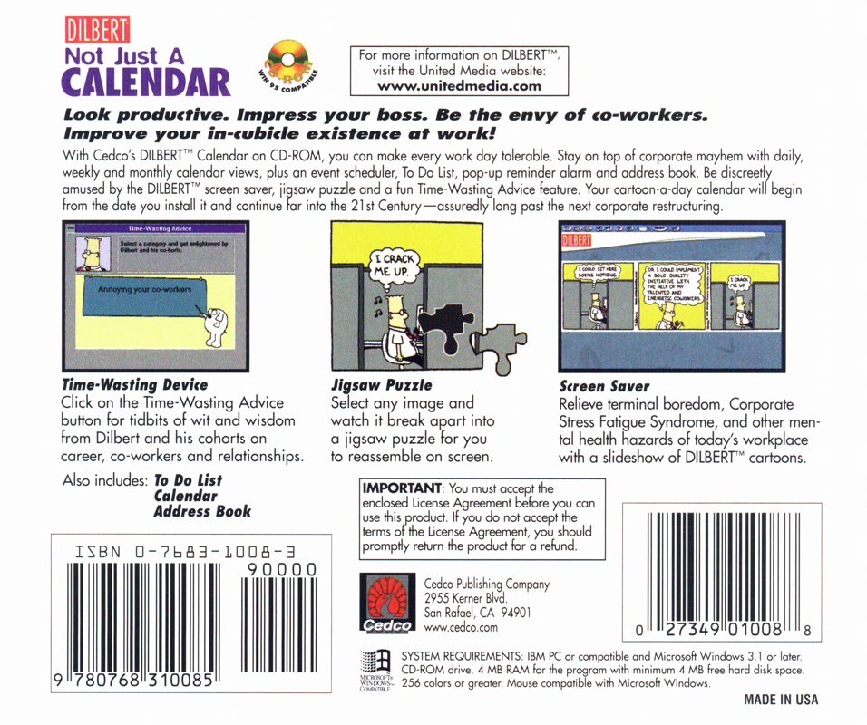 Other for Dilbert: Not Just A Calendar (Windows 3.x): Jewel Case - Back