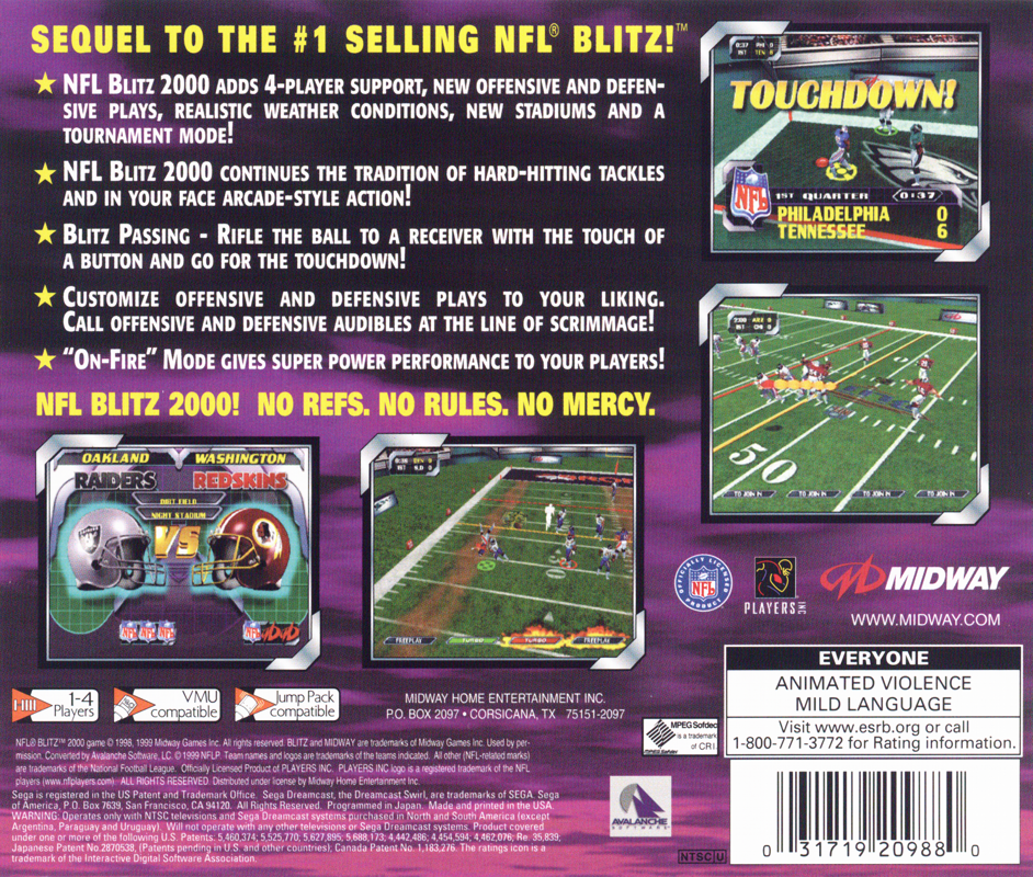 Back Cover for NFL Blitz 2000 (Dreamcast) (Hot! New! release)