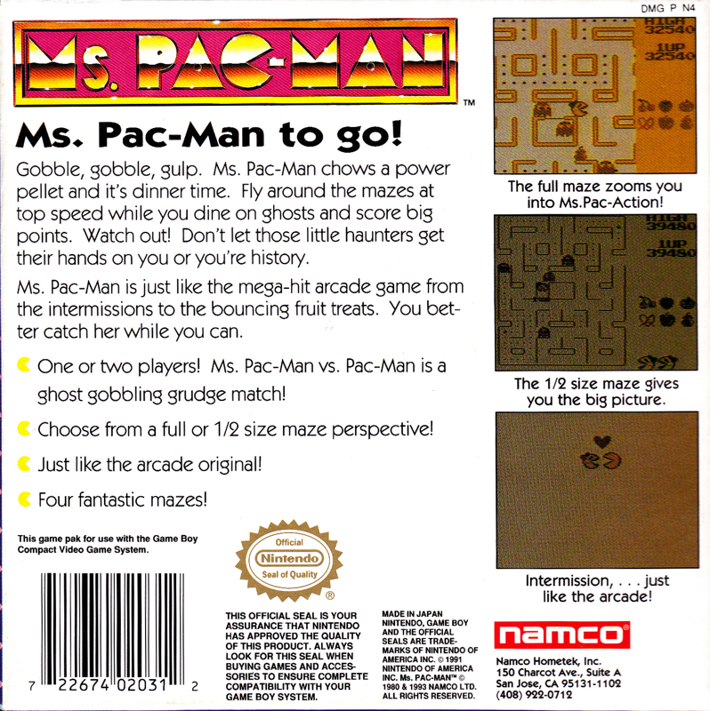 Back Cover for Ms. Pac-Man (Game Boy)
