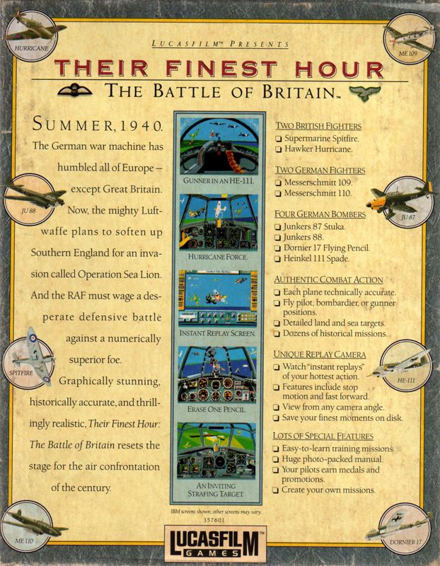 Back Cover for Their Finest Hour: The Battle of Britain (DOS)