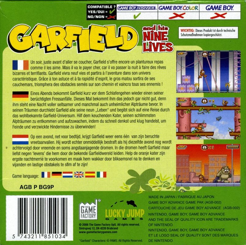 Back Cover for Garfield and his Nine Lives (Game Boy Advance)