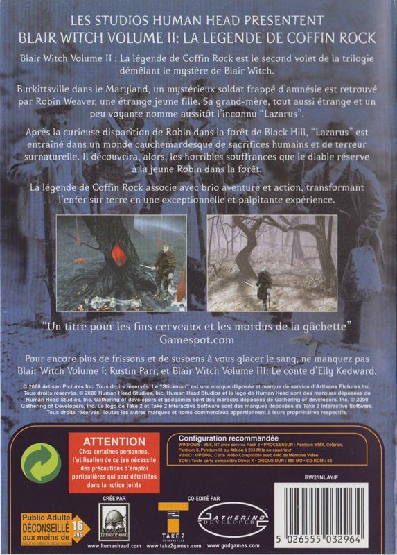 Back Cover for Blair Witch: Volume II - The Legend of Coffin Rock (Windows)