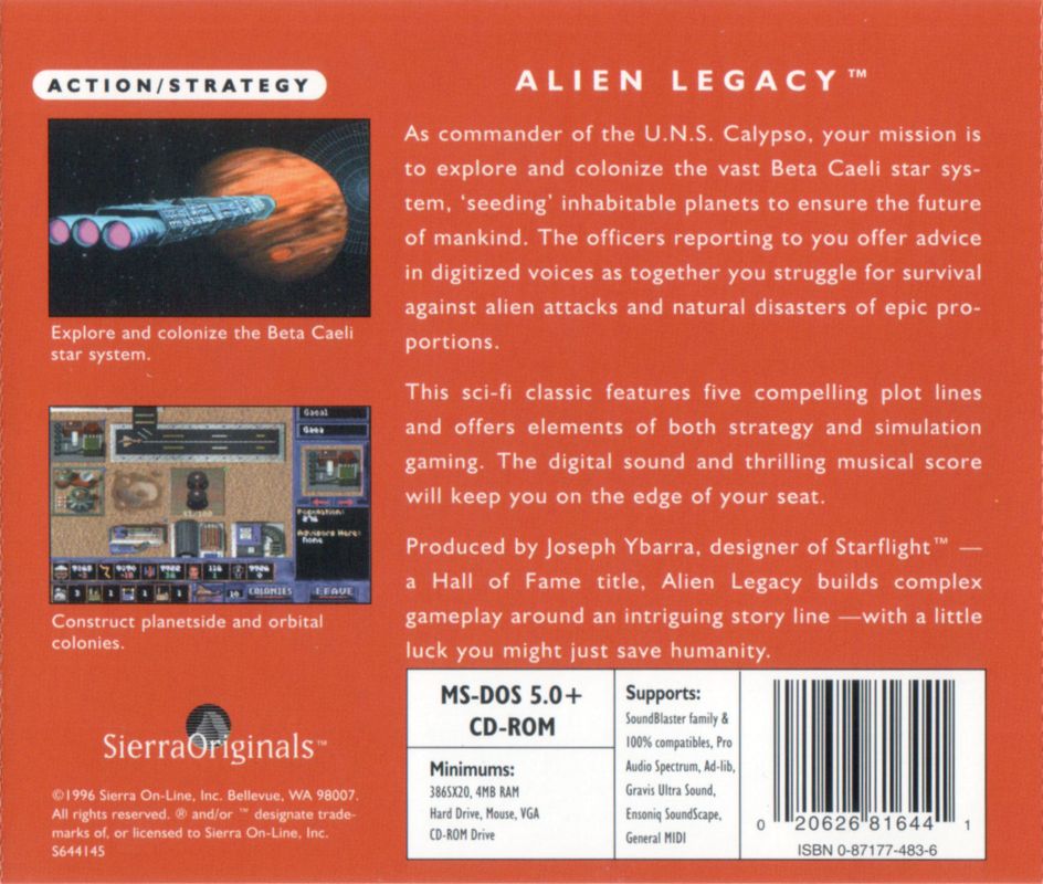 Other for Alien Legacy (DOS) (SierraOriginals release): Jewel Case - Back