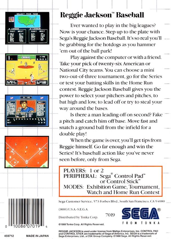 Back Cover for Reggie Jackson Baseball (SEGA Master System)