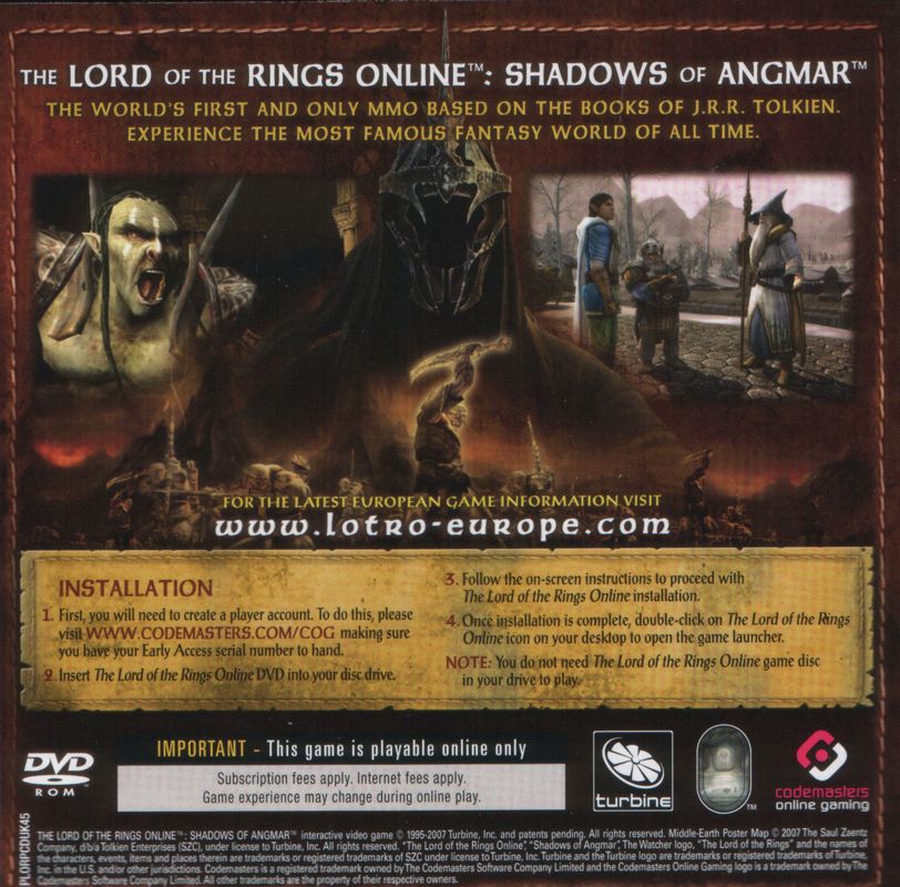 Other for The Lord of the Rings Online: Shadows of Angmar (Pre-Order Version) (Windows): Sleeve - Back