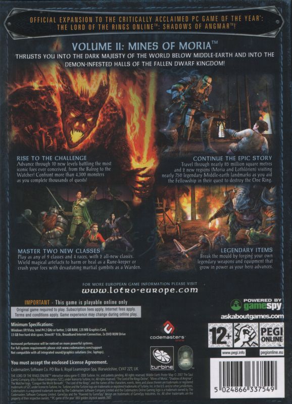 Back Cover for The Lord of the Rings Online: Mines of Moria (Windows)
