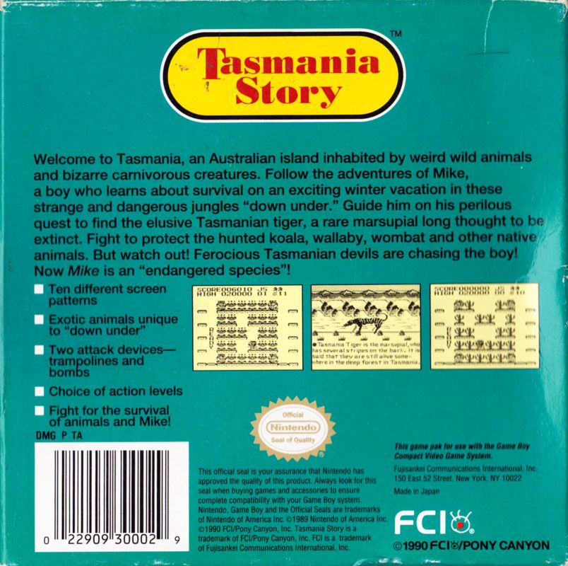 Back Cover for Tasmania Story (Game Boy)