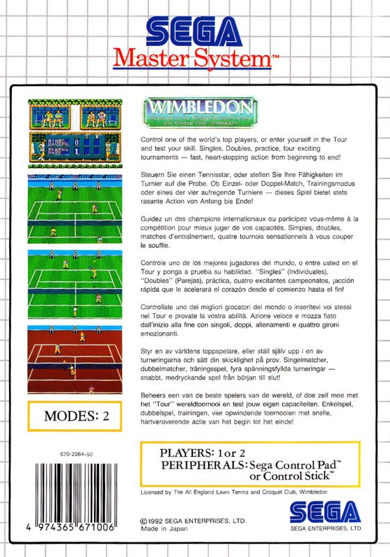Back Cover for Wimbledon Championship Tennis (SEGA Master System)