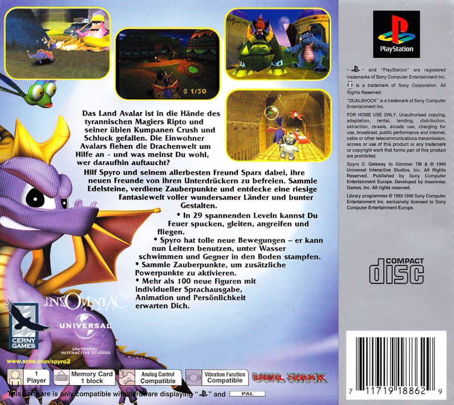 Back Cover for Spyro 2: Ripto's Rage! (PlayStation) (Platinum release)