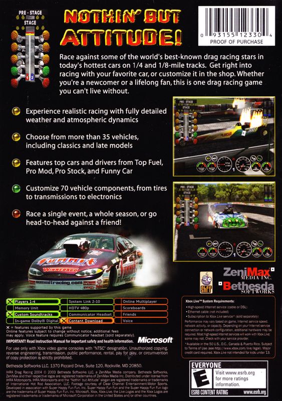 Back Cover for IHRA Drag Racing 2004 (Xbox)
