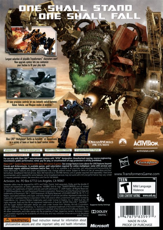Back Cover for Transformers: Revenge of the Fallen (Xbox 360)