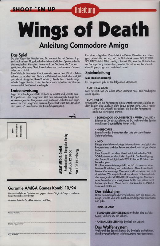 Inside Cover for Wings of Death (Amiga) (Amiga Fun 1994/10 cover disk): Inside cover 1