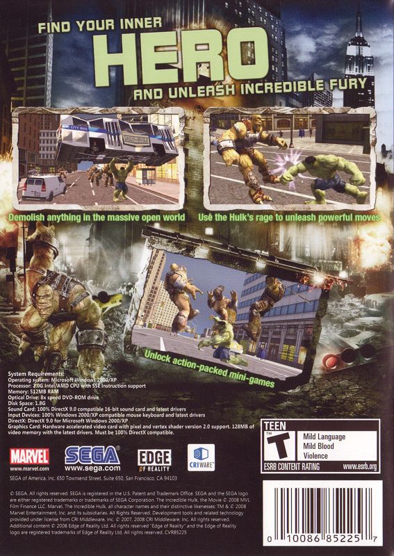 Back Cover for The Incredible Hulk (Windows)