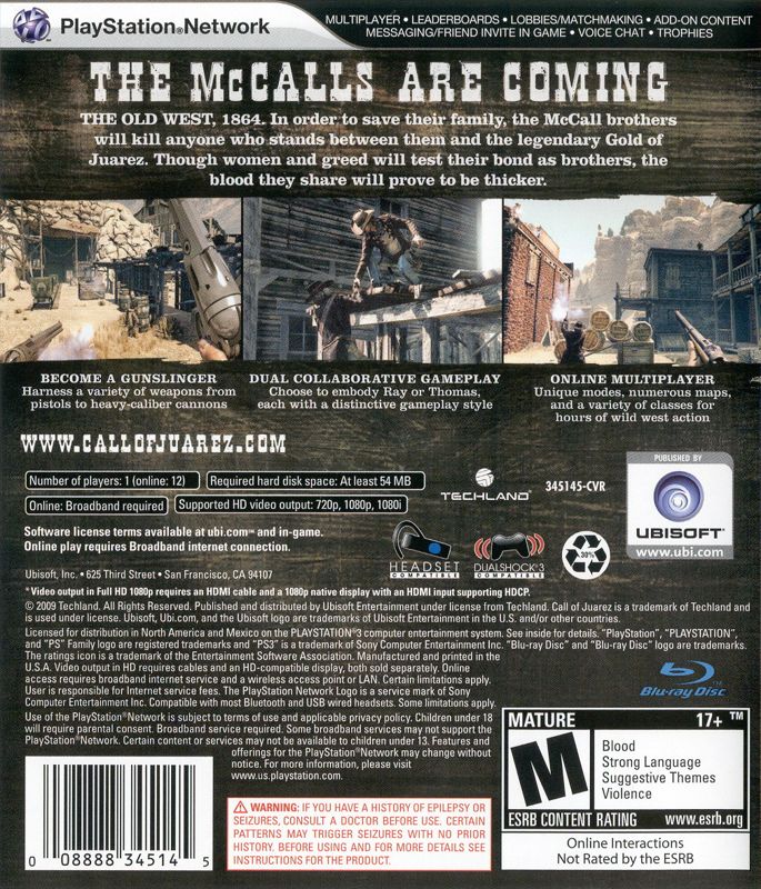Back Cover for Call of Juarez: Bound in Blood (PlayStation 3)