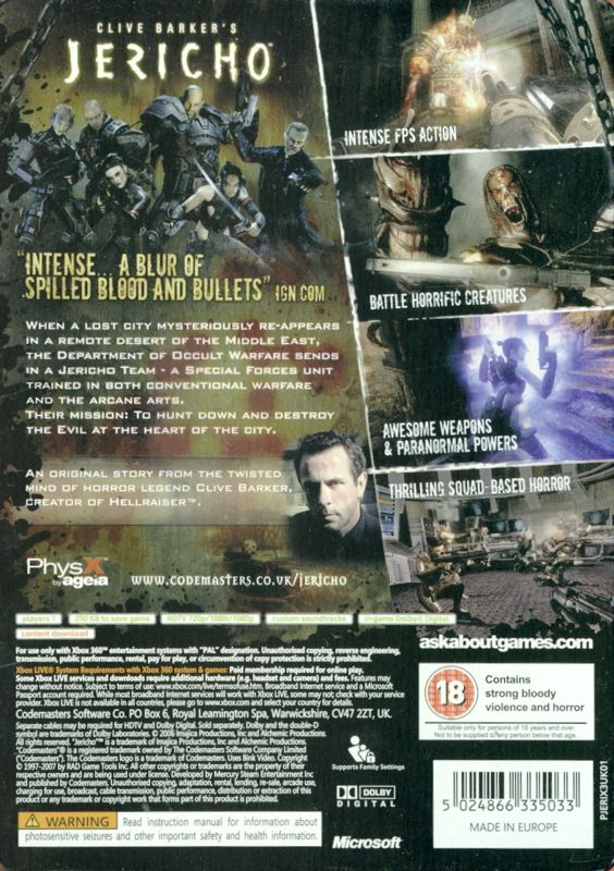 Back Cover for Clive Barker's Jericho (Special Edition) (Xbox 360)