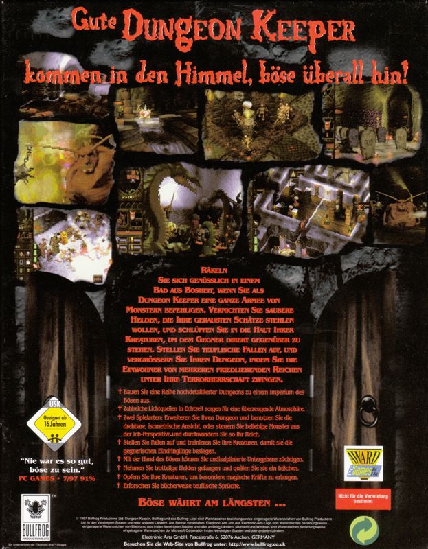 Back Cover for Dungeon Keeper (DOS and Windows)