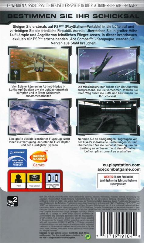 Back Cover for Ace Combat X: Skies of Deception (PSP) (Platinum release)