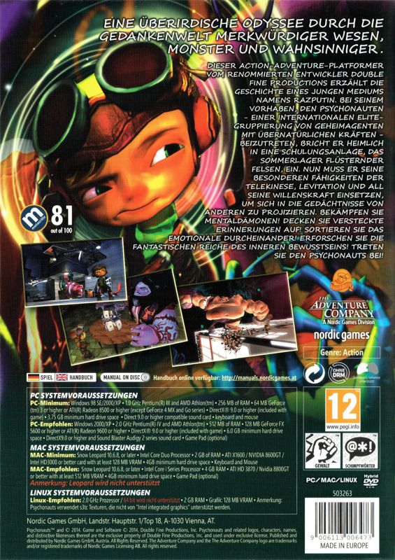 Back Cover for Psychonauts (Linux and Macintosh and Windows) (Re-release)