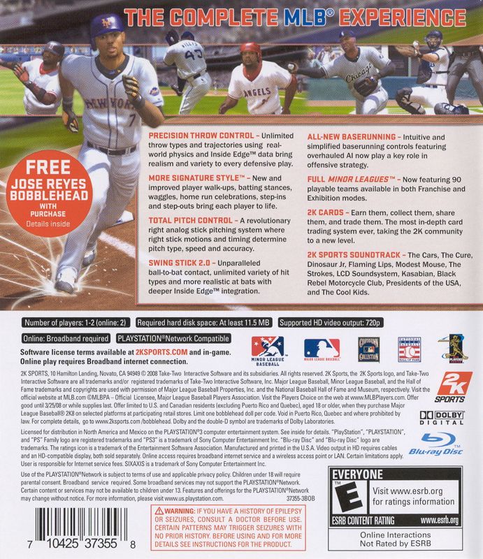 Back Cover for Major League Baseball 2K8 (PlayStation 3)