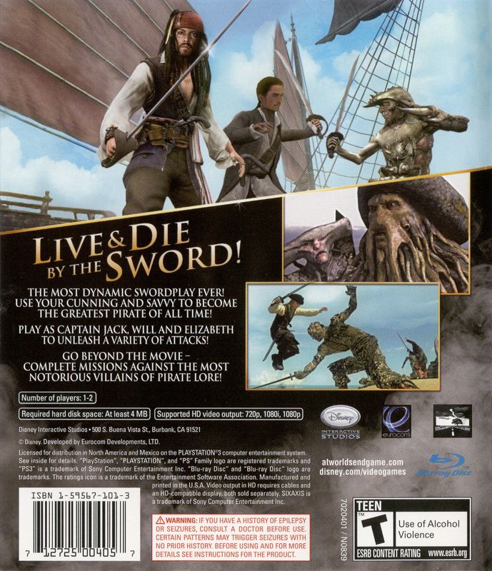 Back Cover for Disney Pirates of the Caribbean: At World's End (PlayStation 3)
