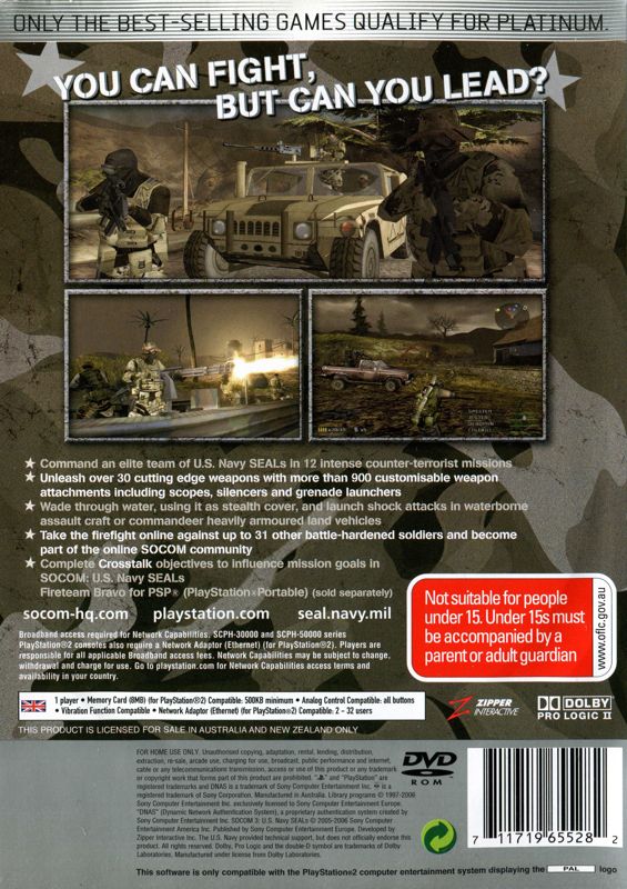 Back Cover for SOCOM 3: U.S. Navy SEALs (PlayStation 2) (Platinum release)