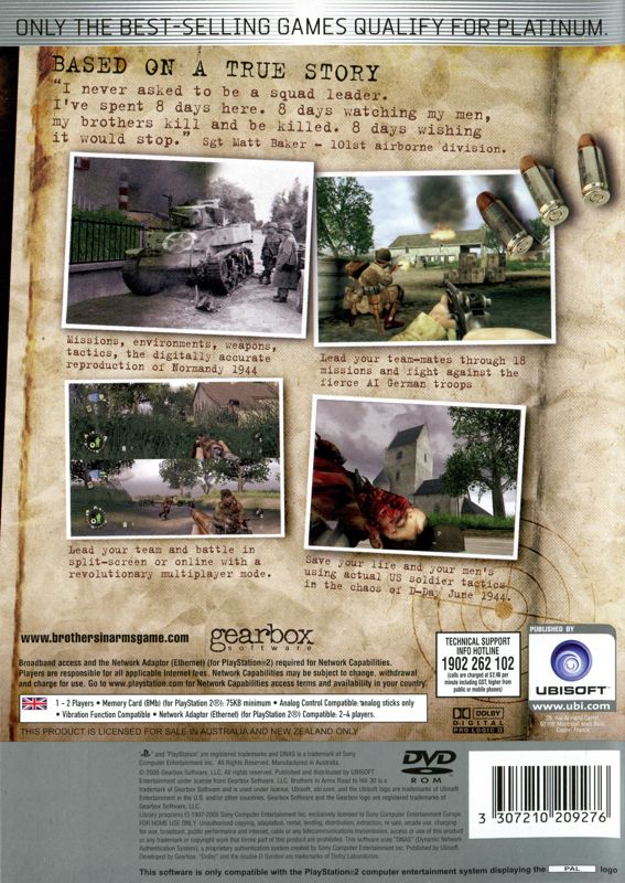 Back Cover for Brothers in Arms: Road to Hill 30 (PlayStation 2) (Platinum release)