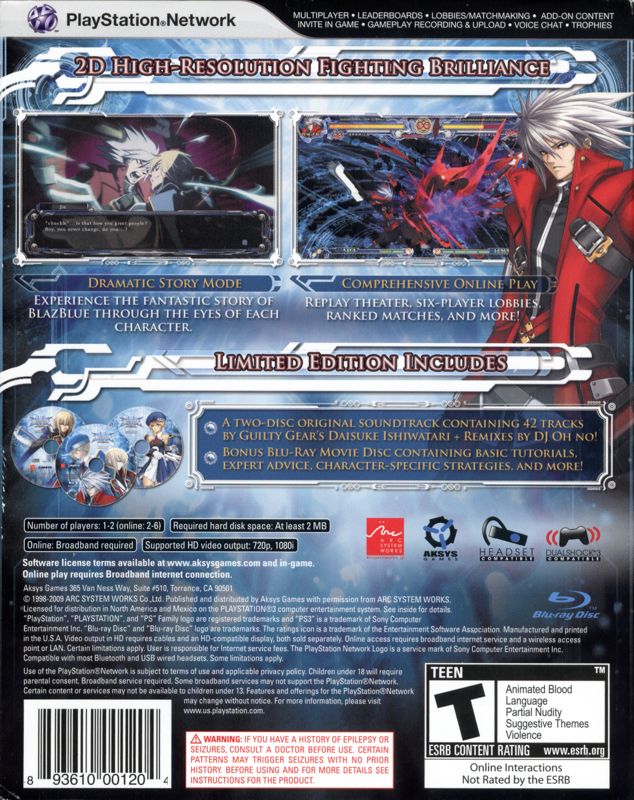 Back Cover for BlazBlue: Calamity Trigger (Limited Edition) (PlayStation 3)