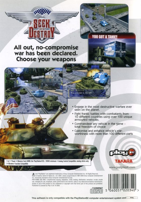 Back Cover for Seek and Destroy (PlayStation 2) (with ELSPA rating)