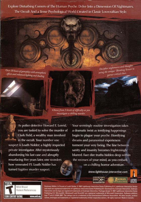 Back Cover for Darkness Within: In Pursuit of Loath Nolder (Windows)
