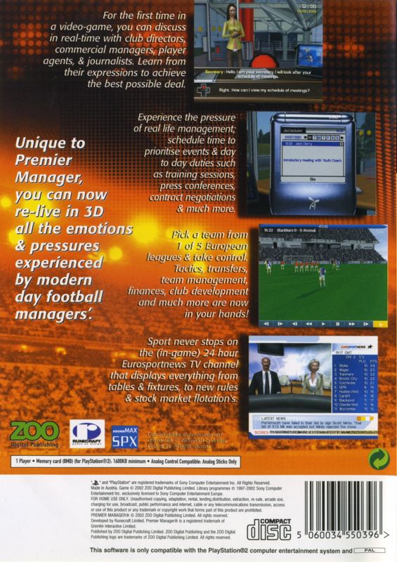 Back Cover for Premier Manager: 2002/2003 Season (PlayStation 2)