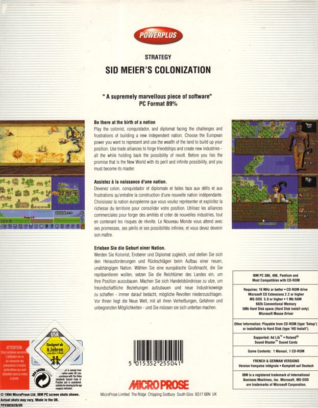 Back Cover for Sid Meier's Colonization (DOS) (PowerPlus release)
