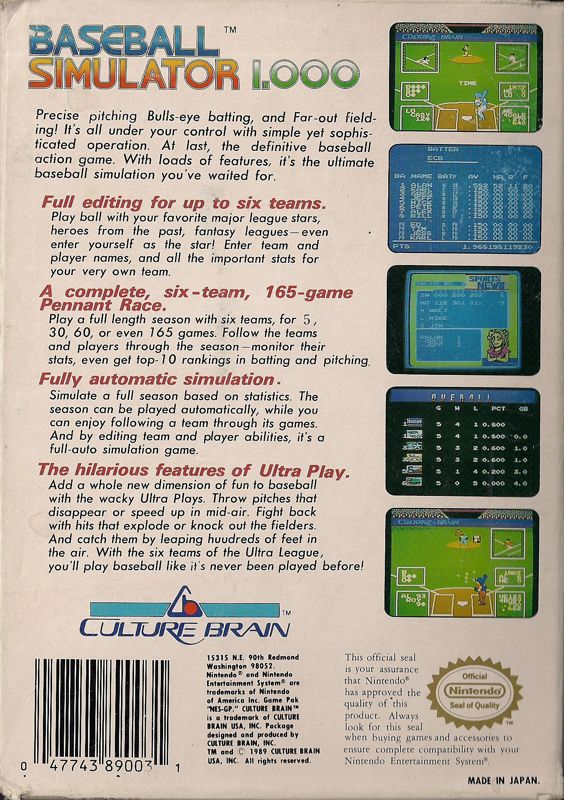 Back Cover for Baseball Simulator 1.000 (NES)