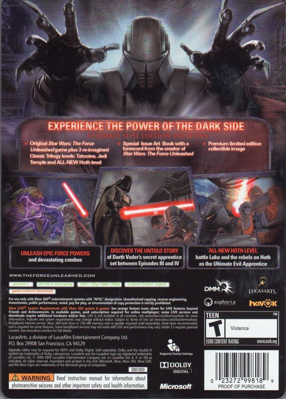 Back Cover for Star Wars: The Force Unleashed - Ultimate Sith Edition (Xbox 360)