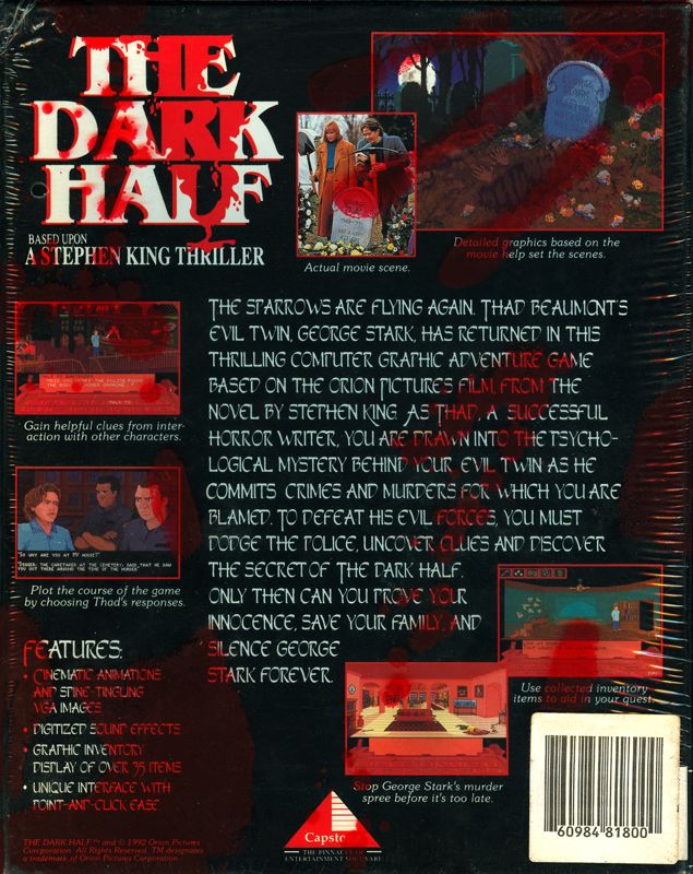 Back Cover for The Dark Half (DOS) (First version with bloody hand prints on shrink-wrap)