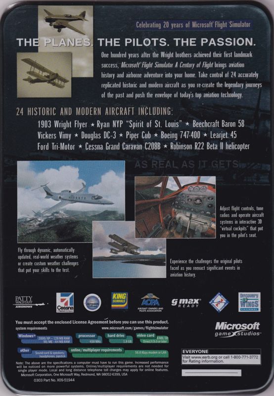 Inside Cover for Microsoft Flight Simulator 2004: A Century of Flight (Windows) (Includes steel box release and a Corgi model): Steel Tin: Back