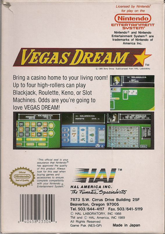 Back Cover for Vegas Dream (NES)