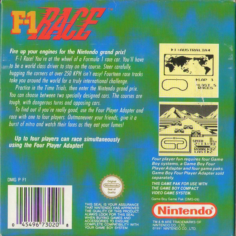 Back Cover for F-1 Race (Game Boy)