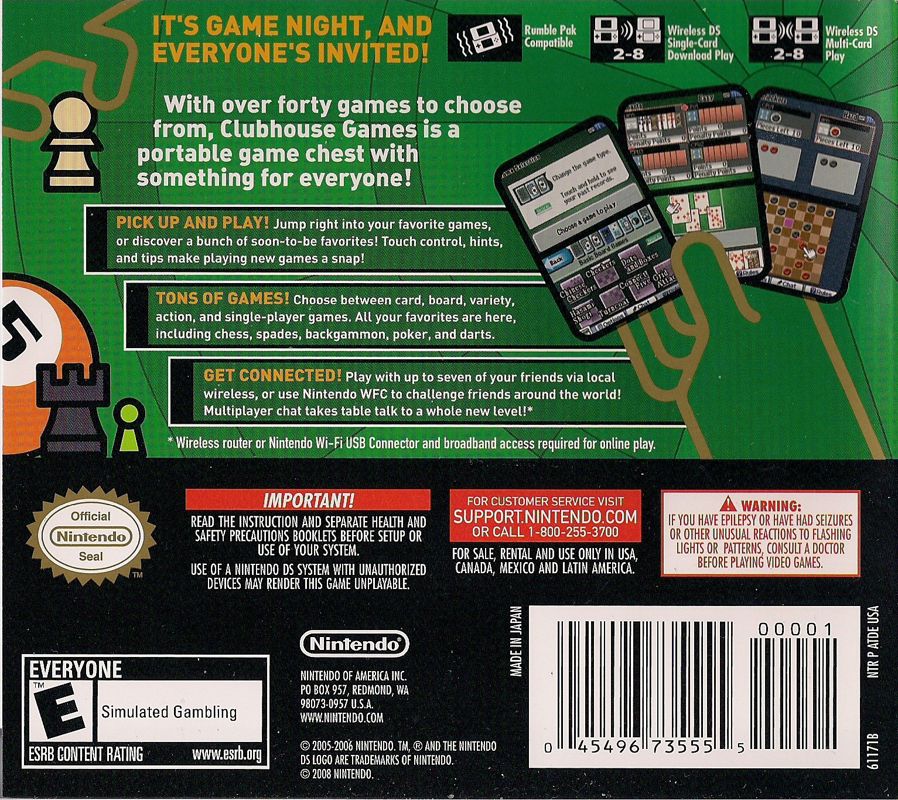 Back Cover for Clubhouse Games (Nintendo DS) (2008 Release)