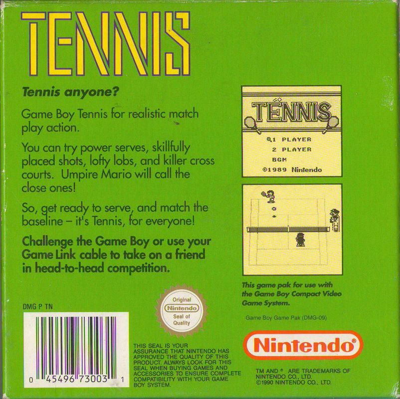 Back Cover for Tennis (Game Boy)