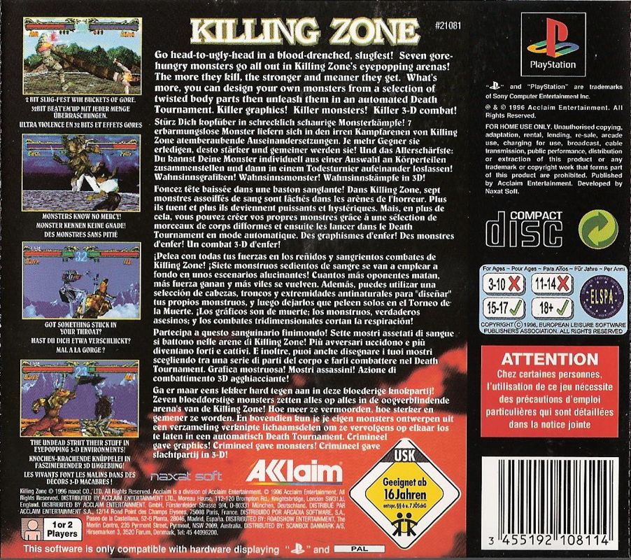 Back Cover for Killing Zone (PlayStation)