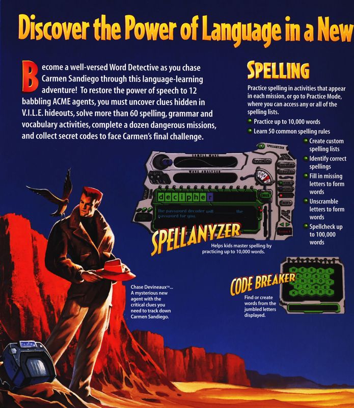 Inside Cover for Carmen Sandiego: Word Detective (Macintosh and Windows and Windows 16-bit): Left