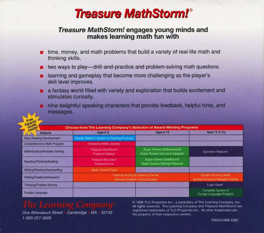 Other for Treasure MathStorm! (Macintosh and Windows 3.x) (Version 2.0 (CD-ROM release)): Jewel Case - Back
