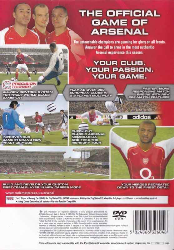 Back Cover for Club Football 2005 (PlayStation 2) (Arsenal version)