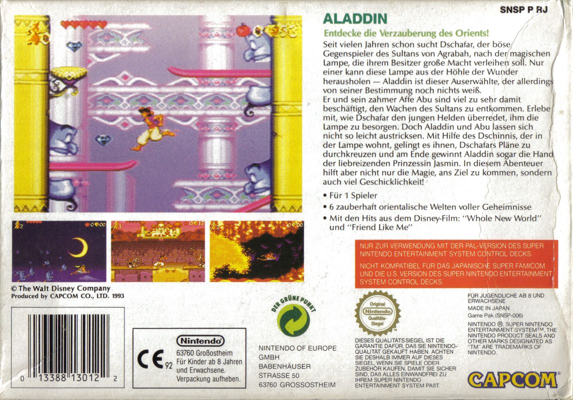 Back Cover for Disney's Aladdin (SNES)