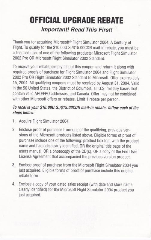 Extras for Microsoft Flight Simulator 2004: A Century of Flight (Windows) (Includes steel box release and a Corgi model): Official Upgrade Rebate: Side 1