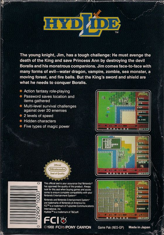 Back Cover for Hydlide (NES)