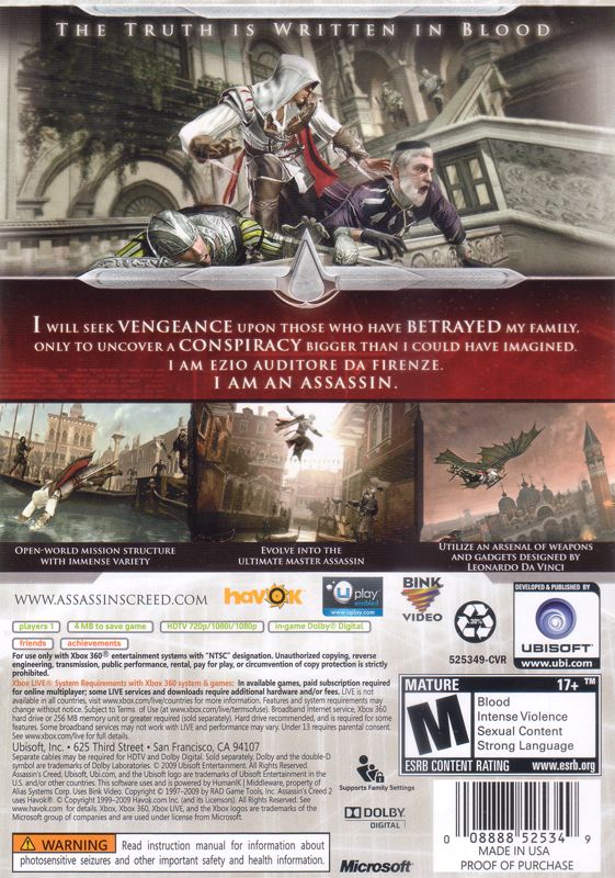 Back Cover for Assassin's Creed II (Xbox 360)