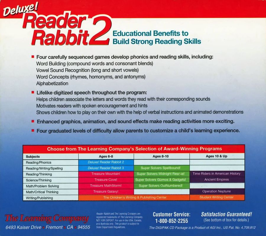 Other for Reader Rabbit 2: Deluxe! (Macintosh and Windows and Windows 3.x): Jewel Case - Back