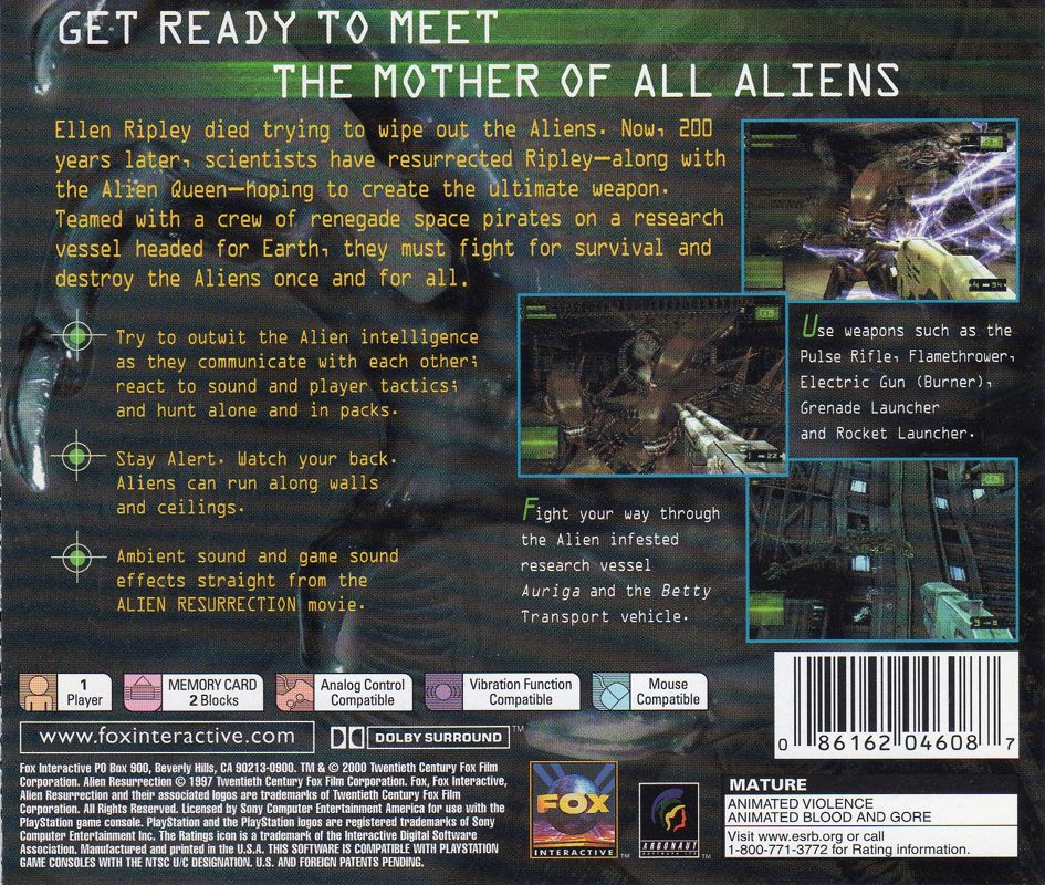Back Cover for Alien: Resurrection (PlayStation)