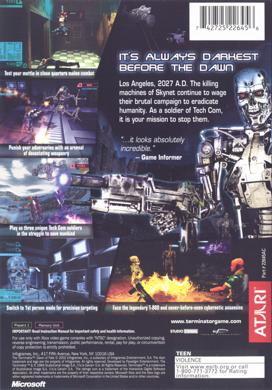 Back Cover for The Terminator: Dawn of Fate (Xbox)